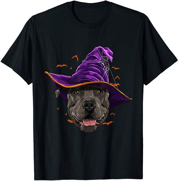 

pitbull dog witch hat funny halloween dog lover gift t-shirt size s-5xl, White;black