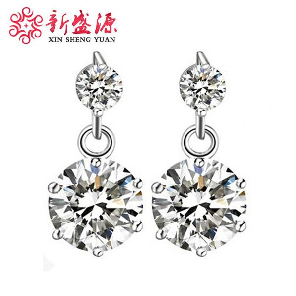 

stud s925 silver jewelry earrings korean ear drop twin flower six claw zircon sterling jewellery with box, Golden;silver