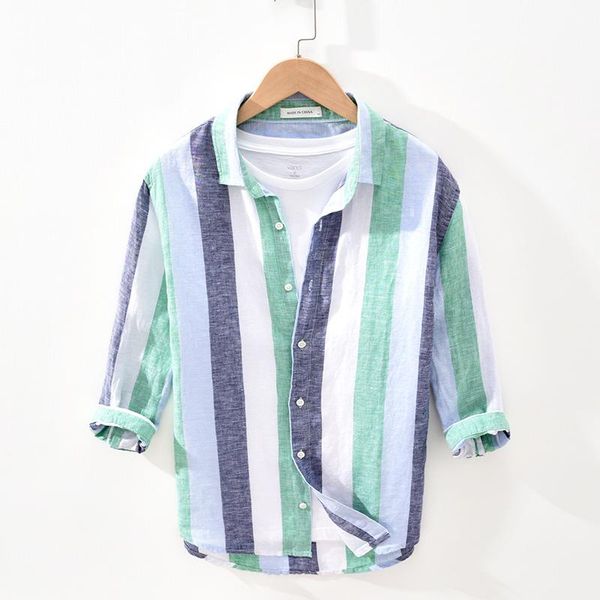 

men's casual shirts 2021 summer contrast vertical stripes fresh linen three-quarter sleeve shirt loose breathable lapel camisas para ho, White;black