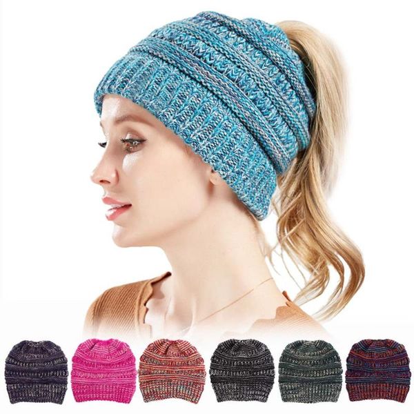

product mixed color knitted wool hat ladies ponytail outdoor hats, Black;white