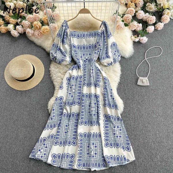 

neploe sqaure collar clavicle exposed dress women high waist hip a line long vestidos vintage plaid holiday bohemian robe 210423, Black;gray