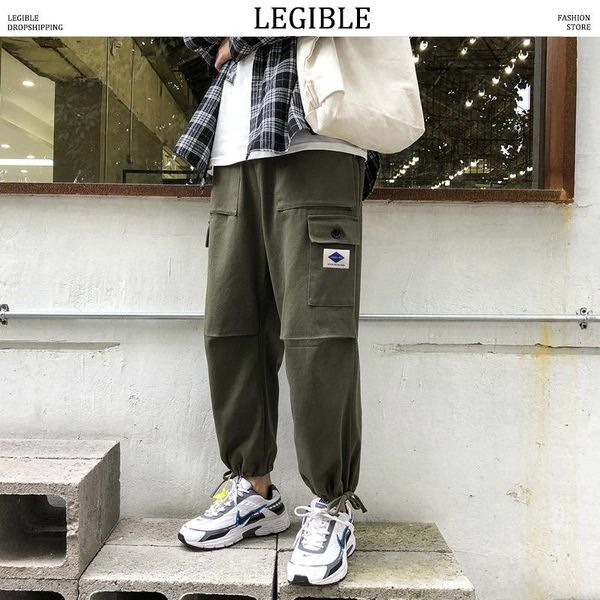 

men's pants legible 2021 cargo men multi-pocket mens elastic waist harem pant hip hop casual loose ankle-length, Black