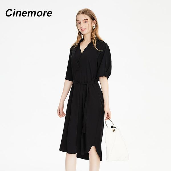 

party dresses cinemore 2021 summer blue shirt dress women office lady v neck short sleeve lapel waist black long q92257, White;black
