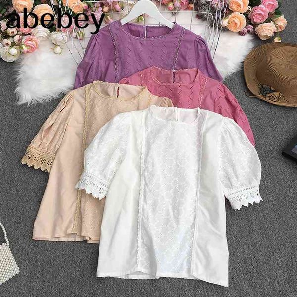 

summer simple versatile o-neck puff sleeve shirt korean lace stitching short solid 210512, White