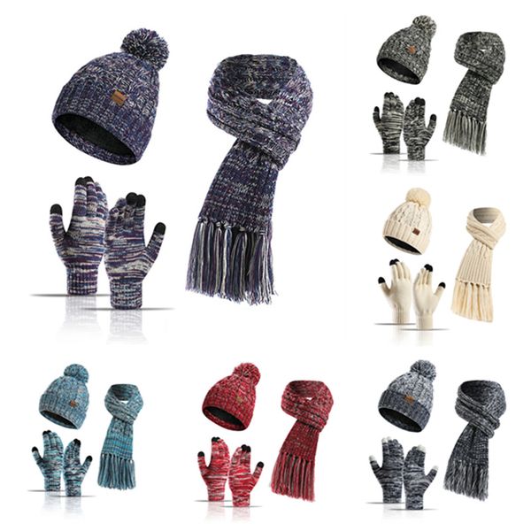 

winter new wool knitting hat thick scarf touch screen gloves three set, Blue;gray