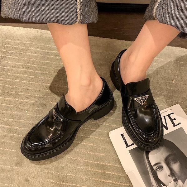 

dress shoes women low-button loafer leather triangle loafers thick-soled platform round toe vintage retro british, Black