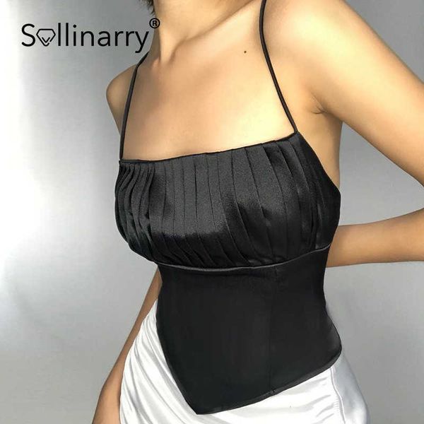 

sollinarry plicated y2k women crop summer elegant solid sleeveless spaghetti straps tank female high street style 210709, White
