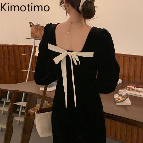 

casual dresses kimotimo black dress vintage velet french retro v neck split ladies backless elegant bow party vestido feminino winter, Black;gray