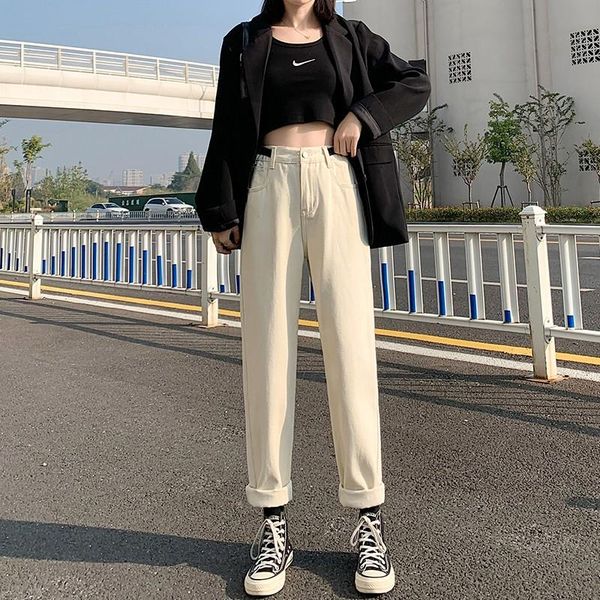 

apricot straight jeans woman thicken velvet denim pants loose plus size trousers high waist casual wide leg jean women's, Blue