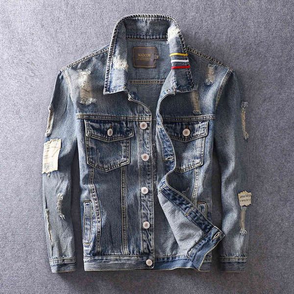 

men's hoodies & sweatshirts fashion streetwear jacket retro blue destroy ripped denim coat tiger embroidery stripe hip hop jean ho, Black