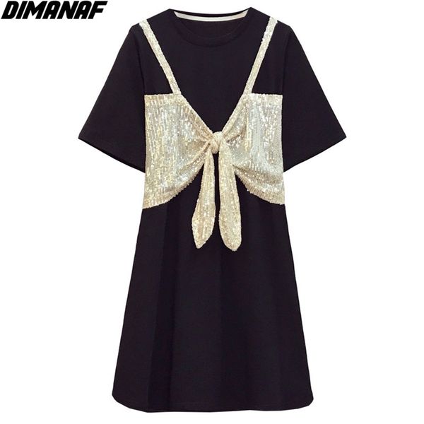 

plus size summer dress women patchwork cotton casual sparkling sequins bowknot style short sleeve black dresses 4xl 210531, Black;gray