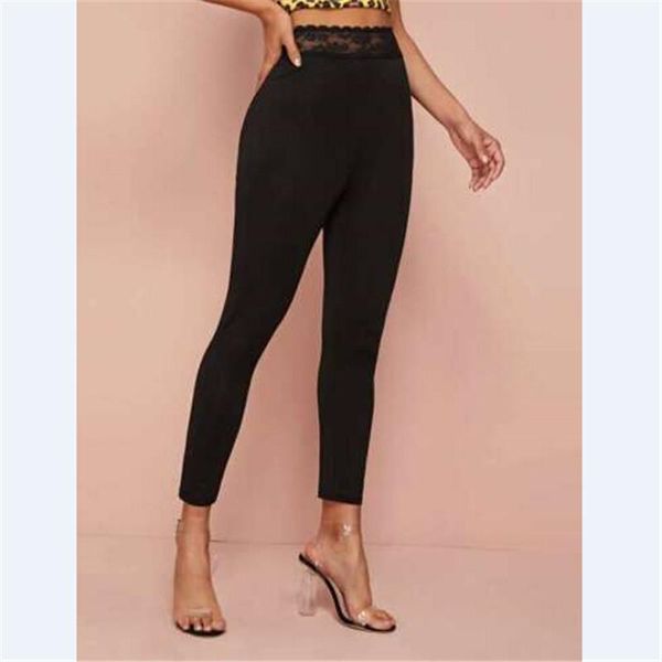 

women's leggings plain cotton capri with hem lace trim skinny s m l, Black