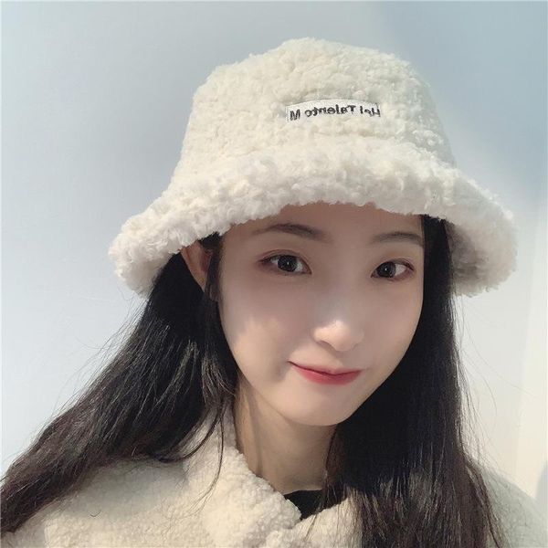 

wide brim hats winter lambswool fisherman hat women letter embroidery keep warm bucket all-match black panama bob big eaves fashion female, Blue;gray