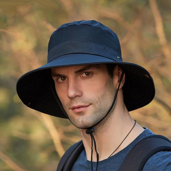 

wide brim hats fashion men outdoor sun hat summer hiking camping breathable mesh protection cotton windproof anti-uv caps, Blue;gray
