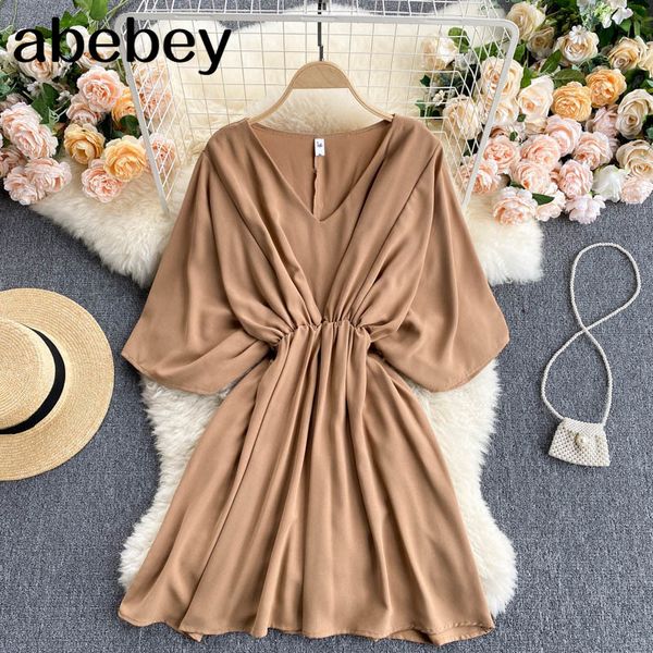 

women chiffon solid dress korean puff sleeve deep v neck a-line ruffles es spring bohemian vacation midi 210512, Black;gray