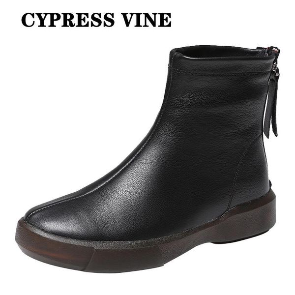 

boots cypress vine women anckle genuine cow leather for spring autumn winter round toe anti-skid outsole by handmade size 35-43, Black