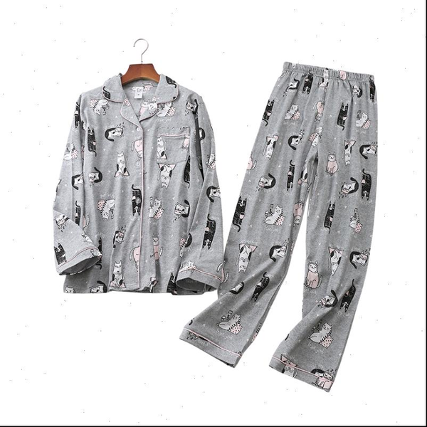 

pajamas kawaii cartoon 100% women sleepwear knitted cotton cute night suit long sleeve big yard  xxl, Black;red