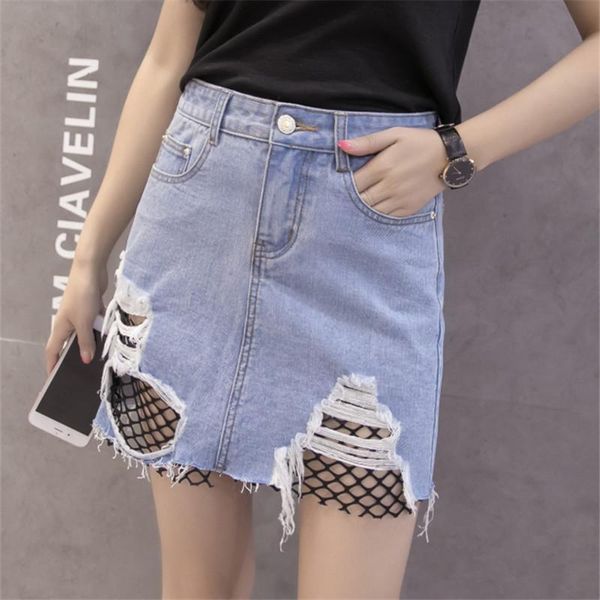 

skirts a-line skirt blue denim women casual mini summer 2021 fashion ripped pockets high waist party saia, Black