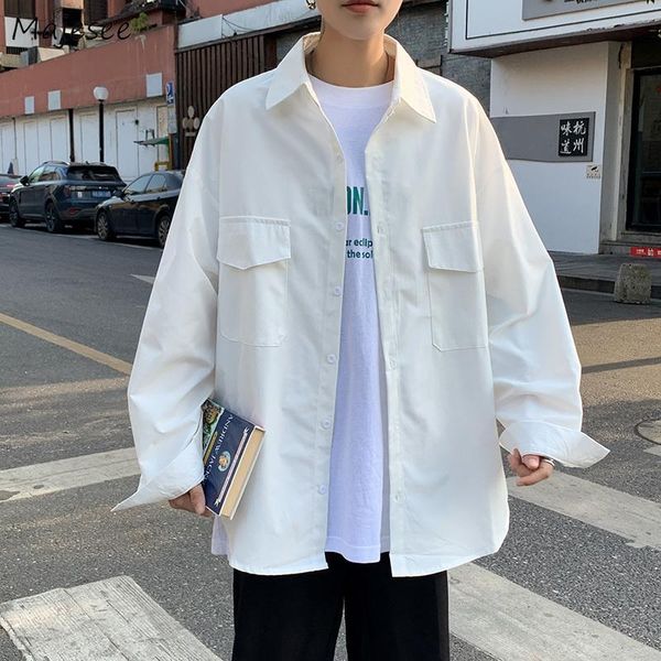 

men's casual shirts large size men solid simple couple leisure -3xl loose outwear autumn basic trendy males pockets soft ulzzang chi, White;black