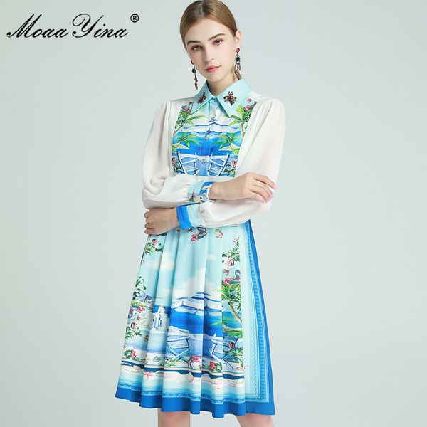 Модное платье весна женское платье с длинным рукавом из бисера поворотный воротник о воротничке кокосового острова пейзаж цветочные платья 210524