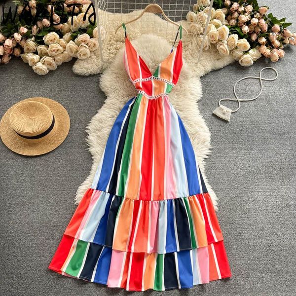 

casual dresses wakuta beach strap sundress women 2021 ins contrast color slim waist backless summer patchwork long maxi, Black;gray