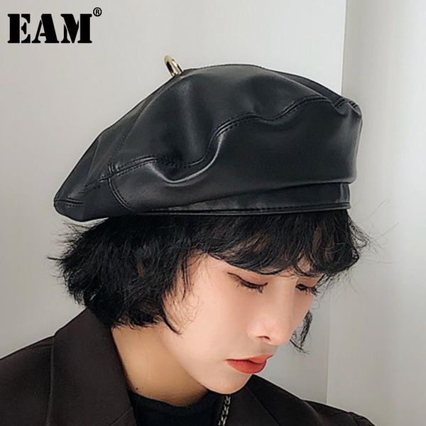 

berets [eam] 2021 spring summer woman fashionable temperament solid color pu round ring five colors dome beret al-match ld0379, Blue;gray