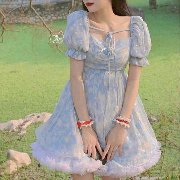 

casual dresses korean print sweet kawaii mini party fairy women japanese vintage cute summer french princess sleeve robe femme iyg, Black;gray