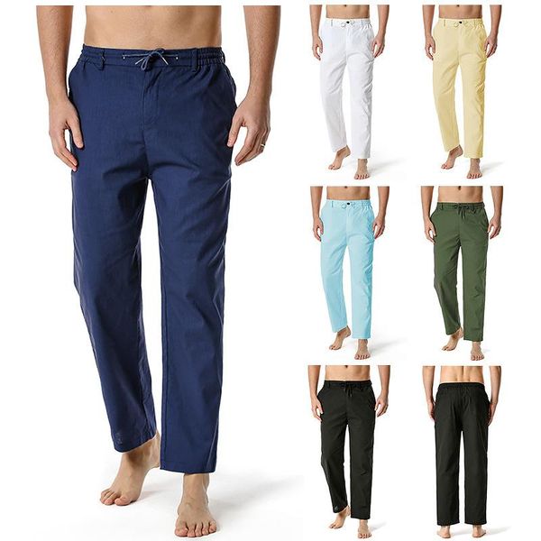 

men's pants men solid linen straight casual plus large size 3xl comfortable drawstring loose trousers spring harajuku clothing, Black