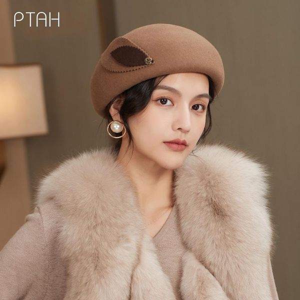 

berets [ptah] wool french beret hat solid color caps for women girls elegant temperament 100% australian vintage plain, Blue;gray