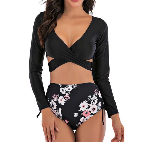 

swimsuit female summer floral women's split long sleeve small fresh high waist, White;black
