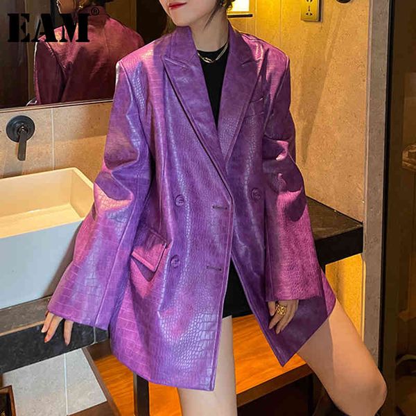 

[eam] women purple pu leather long blazer lapel long sleeve loose fit jacket fashion spring autumn 1dd6439 21512, White;black