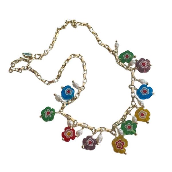 

pendant necklaces colored glaze flower irregular pearl stitching necklace feminine temperament wild summer style clavicle chain, Silver