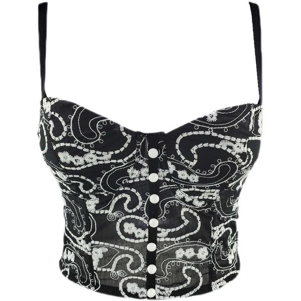 

women fashion embroidered button cashew mesh camis spring summer thin short bustier corset crop s102 women's tanks &, White