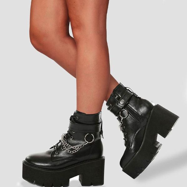

boots brand chain women pu leather autumn block heel gothic black punk cool platform shoes female footwear high quality