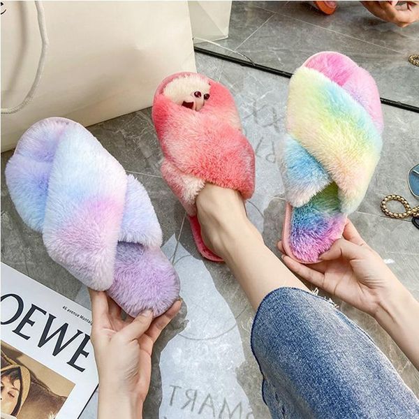 

slippers colorful fluffy women cozy cross band fur slides indoor cut-out flipflops lady open toe home shoes woman plus size36-43, Black