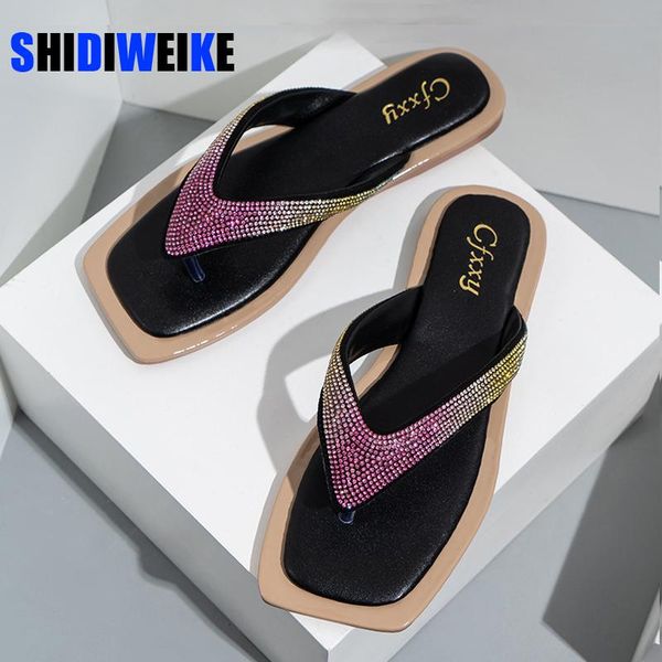 

fashion summer style crystal flip flops outdoor large size slippers women flat leisure beach vacation sandals ad005, Black