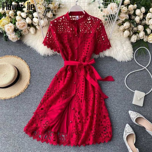 

summer lace dress women vintage hollow out balck mujer casual short sleeve beach red dresses party vestidos 210719, White;black