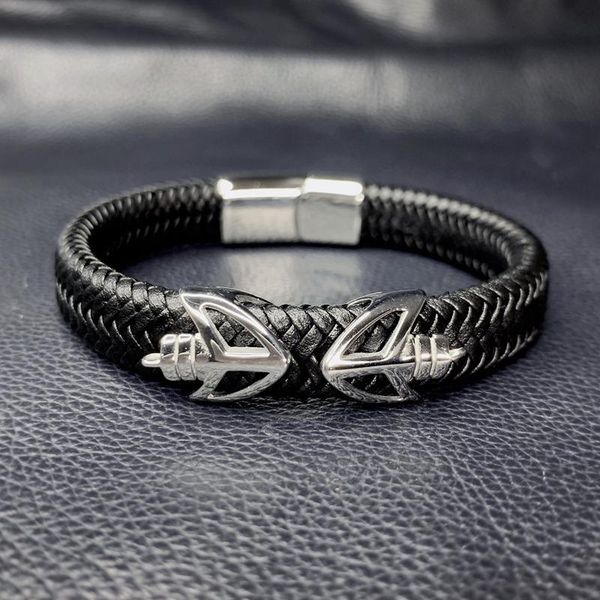 

charm bracelets fashion male jewelry braided leather bracelet handmade silver stainless steel magnetic clasps men wrist band gifts 0093, Golden;silver
