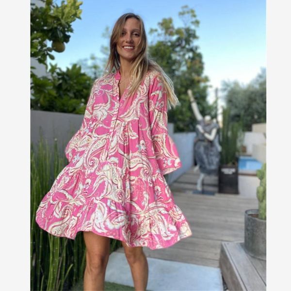 

casual dresses beach party mini dress 2021 boho printed flared sleeve pleated big swing loose v-neck women vestidos, Black;gray