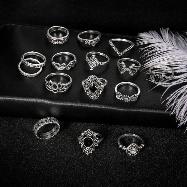 

cluster rings 15 pcs silver finger women jewelry midi alloy vintage punk boho knuckle ring set for, Golden;silver