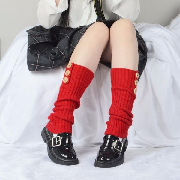 

socks & hosiery women knit candy color loose boot knee high stockings lolita foot cover with button, Black;white