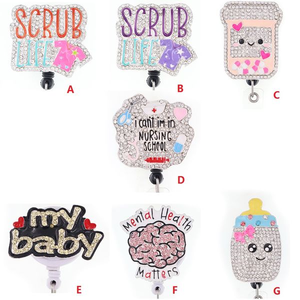 

key rings medical scrub life rhinestone retractable id holder for nurse name accessories badge reel with alligator clip, Slivery;golden
