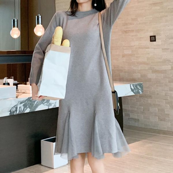 

casual dresses loose sweater mesh patchwork mini dress autumn and winter french vintage knitting party robe femme hiver 2021, Black;gray