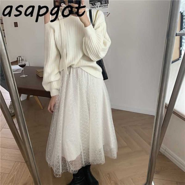 

temperament elegant sweet lace patchwork half turtleneck pullovers sweater off the shoulder knitted beaded puffy mesh skirt 210610, White