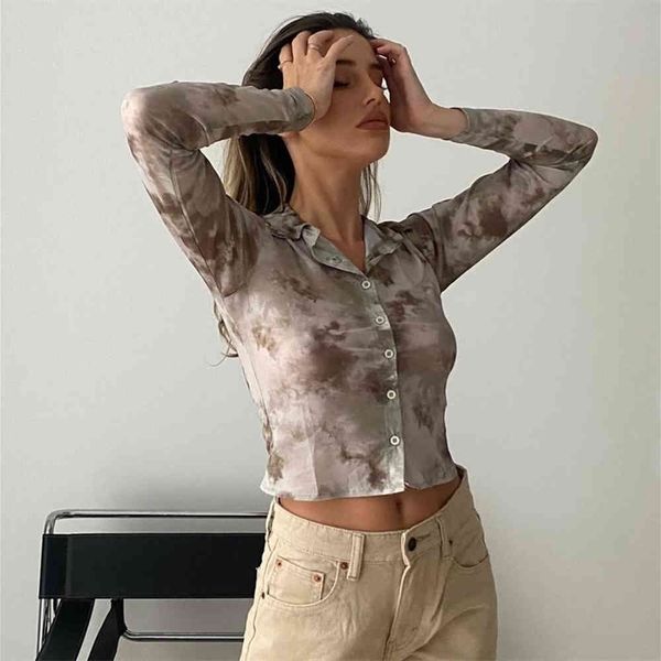 

mesh brown y2k long sleeve shirts women tie dye print summer blouses spring basic party casual shirt transparent 210413, White