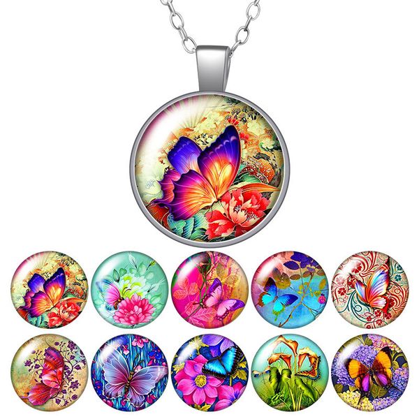 

beauty fantastic butterfly colorful round pendant necklace 25mm glass cabochon silver color jewelry women birthday gift 50cm