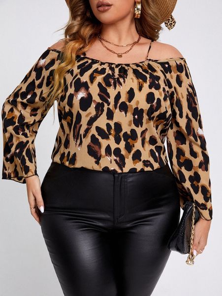 

plus allover print cold shoulder trumpet sleeve blouse 38de#, Black