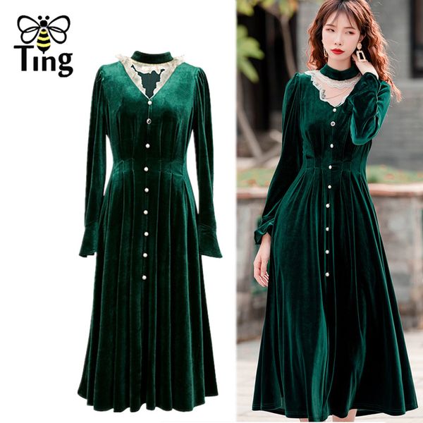 

victorian vintage elegant beading lace patchwork green velvet party dinner dresses retro a line tea length vestidos robe 210513, Black;gray