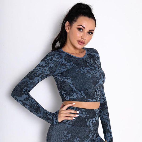 

yoga outfit seamless camouflage tight crop long sleeve clothes women's sports running fitness workout t-shirts