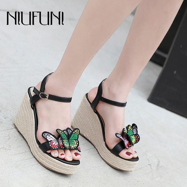 

wedge roman sandals women casual butterfly platform high heels buckle woven gladiator shoes for size 35-40, Black